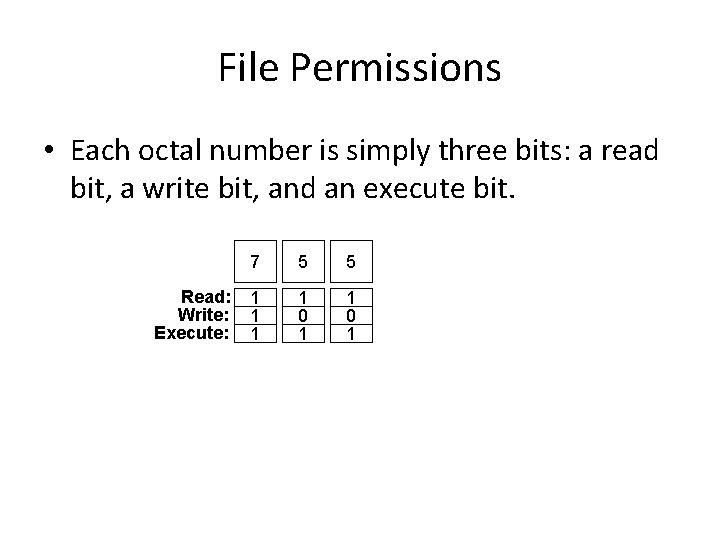 File Permissions • Each octal number is simply three bits: a read bit, a