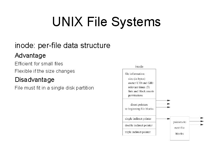 UNIX File Systems inode: per-file data structure Advantage Efficient for small files Flexible if