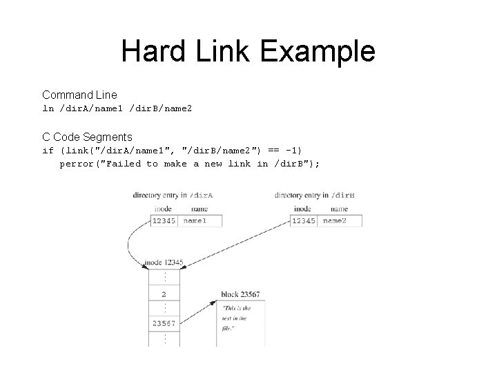 Hard Link Example Command Line ln /dir. A/name 1 /dir. B/name 2 C Code