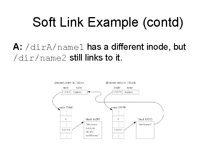 Soft Link Example (contd) A: /dir. A/name 1 has a different inode, but /dir/name