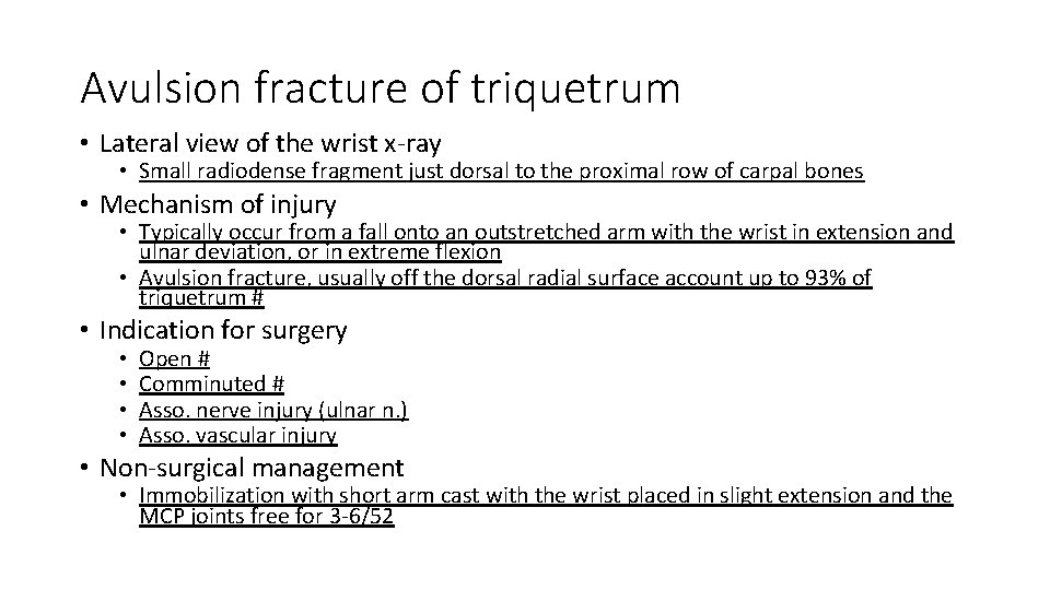 Avulsion fracture of triquetrum • Lateral view of the wrist x-ray • Small radiodense