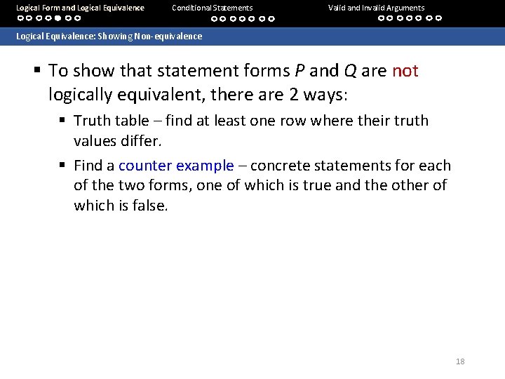 Logical Form and Logical Equivalence Conditional Statements Valid and Invalid Arguments Logical Equivalence: Showing