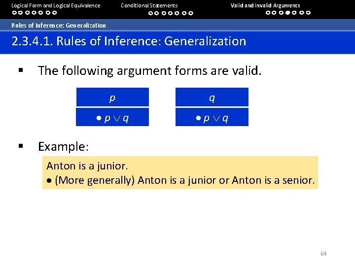 Logical Form and Logical Equivalence Conditional Statements Valid and Invalid Arguments Rules of Inference: