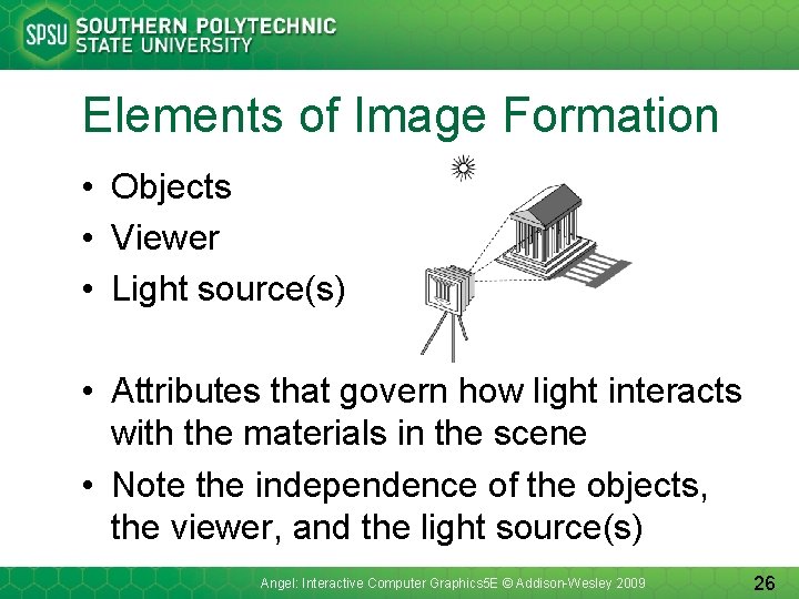 Elements of Image Formation • Objects • Viewer • Light source(s) • Attributes that