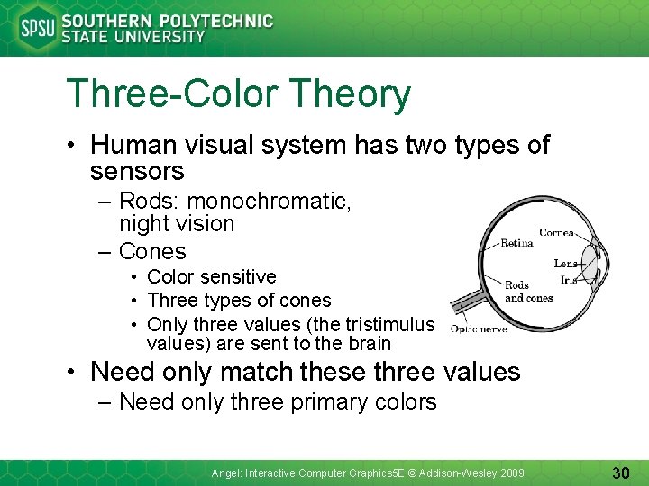 Three-Color Theory • Human visual system has two types of sensors – Rods: monochromatic,