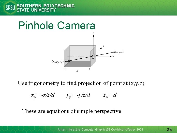 Pinhole Camera Use trigonometry to find projection of point at (x, y, z) xp=