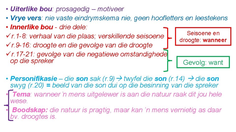  • Uiterlike bou: prosagedig – motiveer • Vrye vers: nie vaste eindrymskema nie,