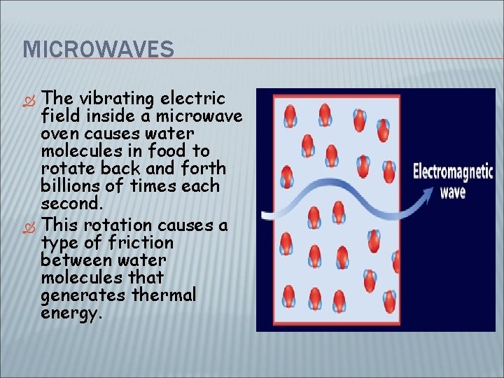 MICROWAVES The vibrating electric field inside a microwave oven causes water molecules in food