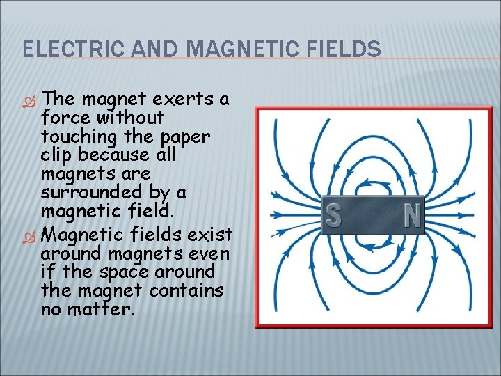 ELECTRIC AND MAGNETIC FIELDS The magnet exerts a force without touching the paper clip