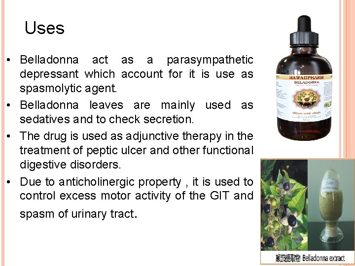 Uses • Belladonna act as a parasympathetic depressant which account for it is use