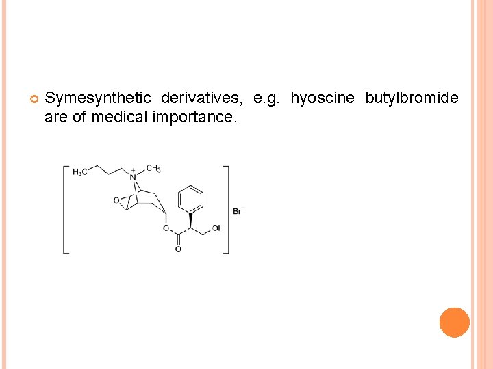  Symesynthetic derivatives, e. g. hyoscine butylbromide are of medical importance. 