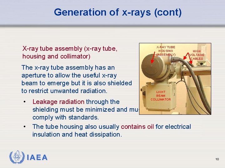Generation of x-rays (cont) X-ray tube assembly (x-ray tube, housing and collimator) The x-ray