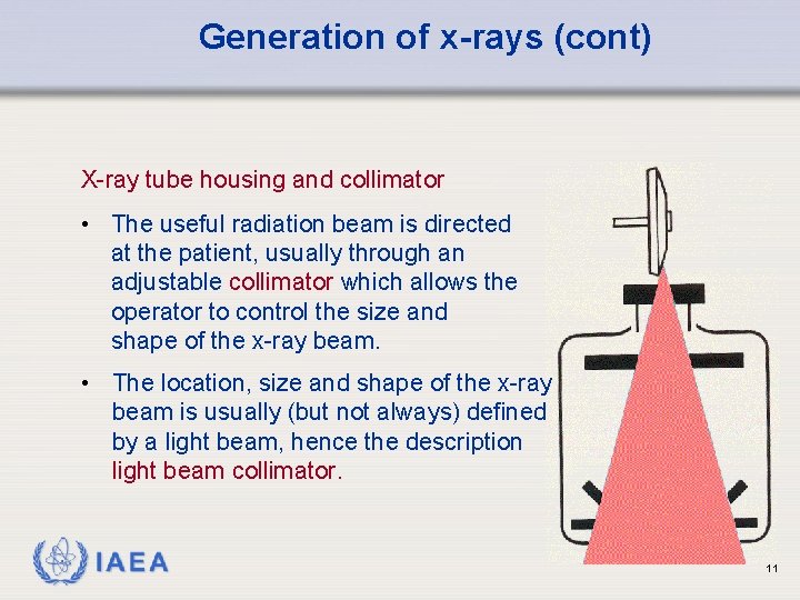 Generation of x-rays (cont) X-ray tube housing and collimator • The useful radiation beam