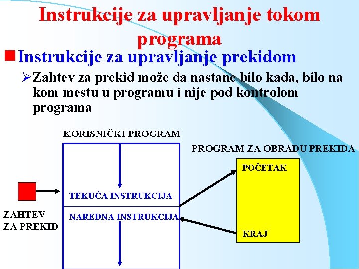 Instrukcije za upravljanje tokom programa g. Instrukcije za upravljanje prekidom ØZahtev za prekid može