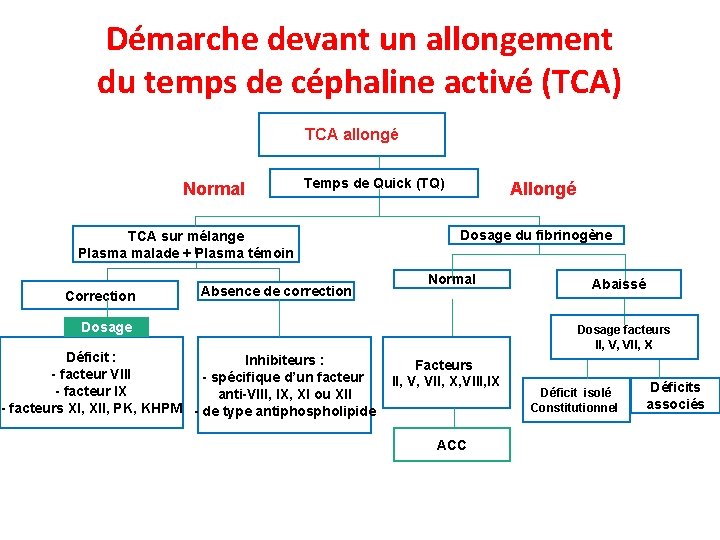 Démarche devant un allongement du temps de céphaline activé (TCA) TCA allongé Normal Temps