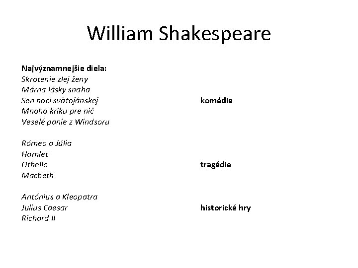 William Shakespeare Najvýznamnejšie diela: Skrotenie zlej ženy Márna lásky snaha Sen noci svätojánskej Mnoho
