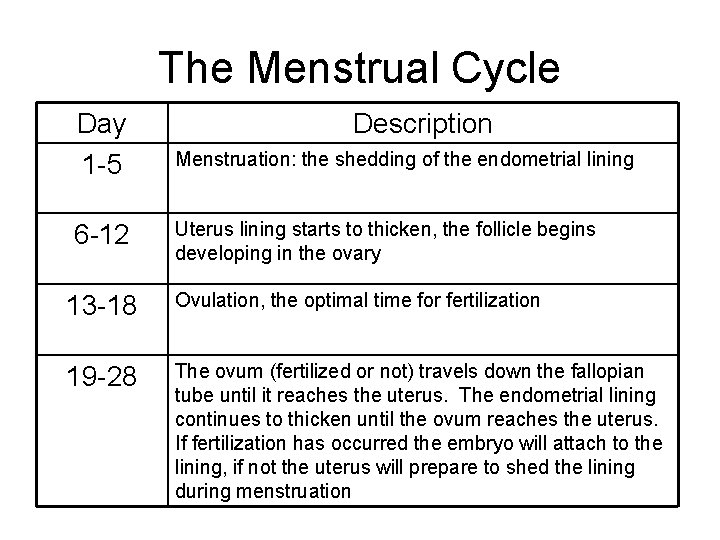 The Menstrual Cycle Day 1 -5 6 -12 Description Menstruation: the shedding of the