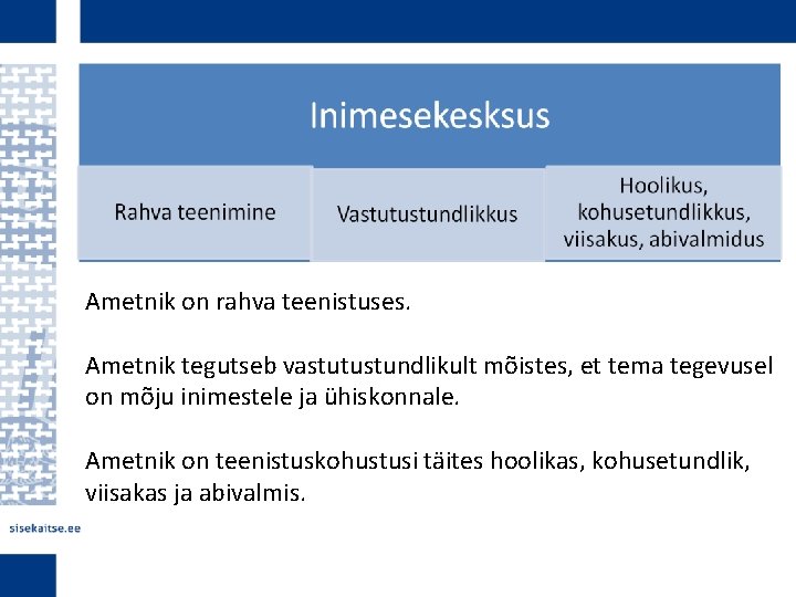 Ametnik on rahva teenistuses. Ametnik tegutseb vastutustundlikult mõistes, et tema tegevusel on mõju inimestele