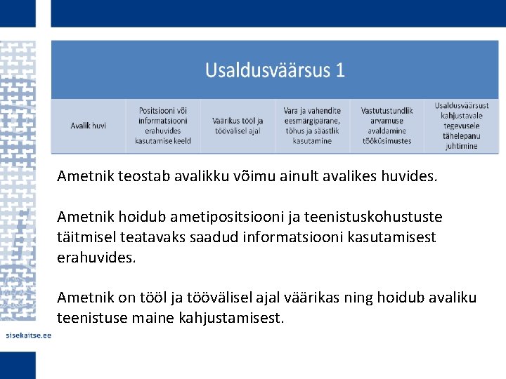 Ametnik teostab avalikku võimu ainult avalikes huvides. Ametnik hoidub ametipositsiooni ja teenistuskohustuste täitmisel teatavaks