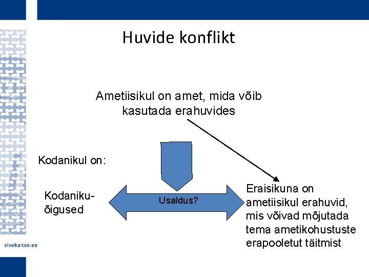 Huvide konflikt Ametiisikul on amet, mida võib kasutada erahuvides • Kodanikul on: Kodanikuõigused Usaldus?