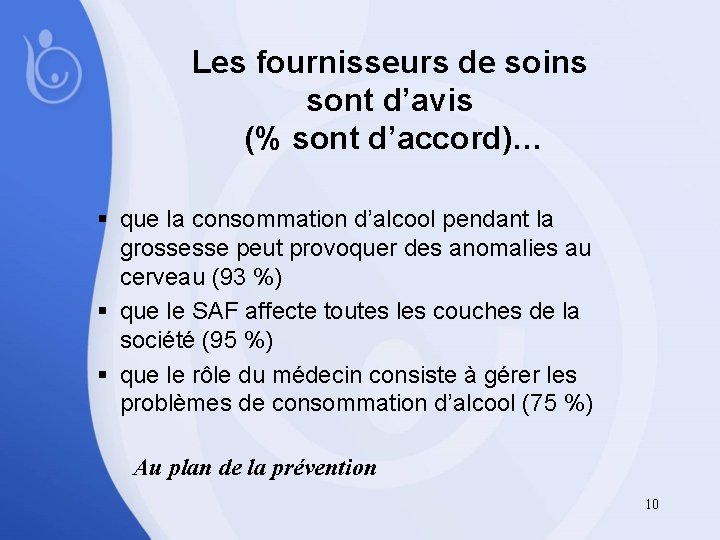 Les fournisseurs de soins sont d’avis (% sont d’accord)… § que la consommation d’alcool