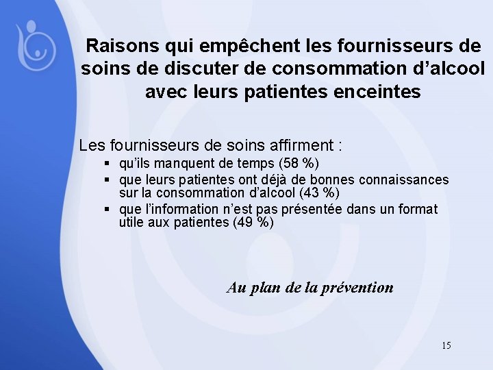 Raisons qui empêchent les fournisseurs de soins de discuter de consommation d’alcool avec leurs