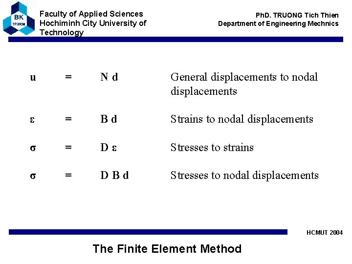 Faculty of Applied Sciences Hochiminh City University of Technology Ph. D. TRUONG Tich Thien