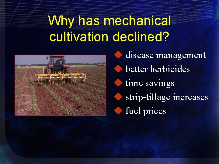 Why has mechanical cultivation declined? u disease management u better herbicides u time savings