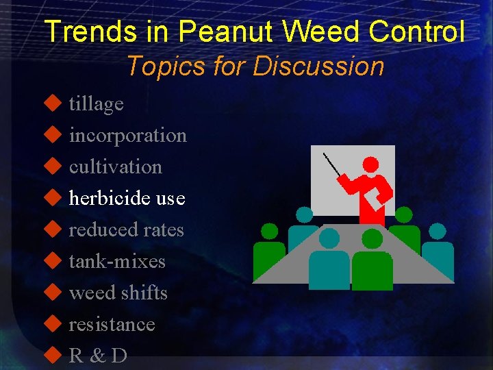 Trends in Peanut Weed Control Topics for Discussion u tillage u incorporation u cultivation