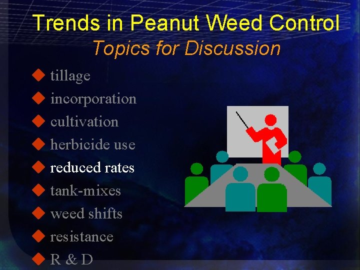 Trends in Peanut Weed Control Topics for Discussion u tillage u incorporation u cultivation
