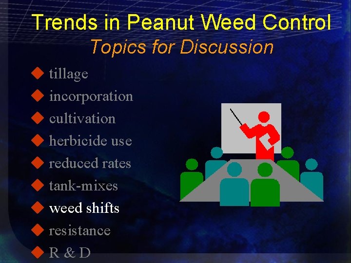 Trends in Peanut Weed Control Topics for Discussion u tillage u incorporation u cultivation