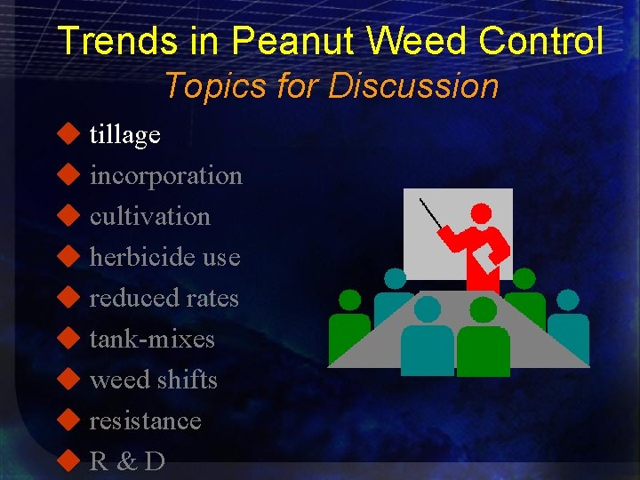 Trends in Peanut Weed Control Topics for Discussion u tillage u incorporation u cultivation