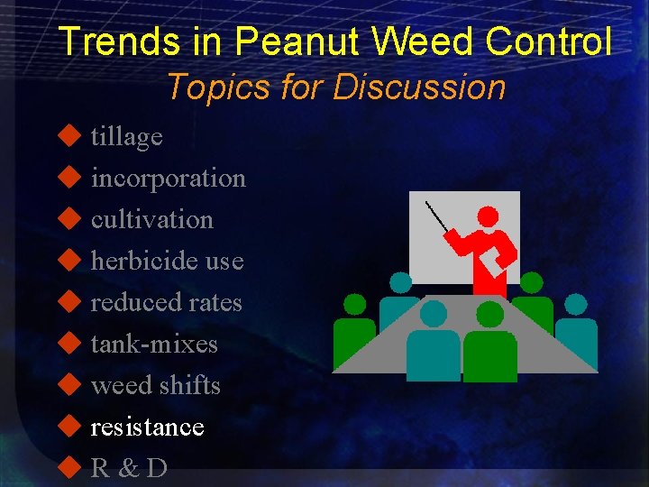 Trends in Peanut Weed Control Topics for Discussion u tillage u incorporation u cultivation