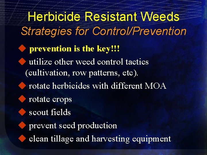 Herbicide Resistant Weeds Strategies for Control/Prevention u prevention is the key!!! u utilize other