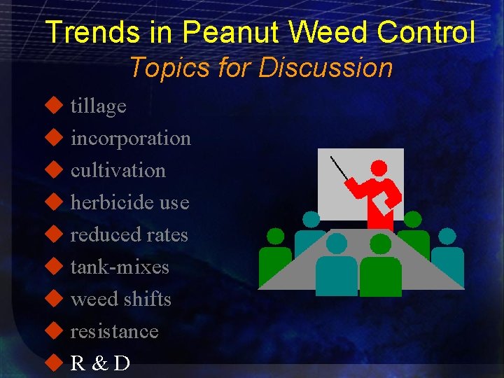 Trends in Peanut Weed Control Topics for Discussion u tillage u incorporation u cultivation