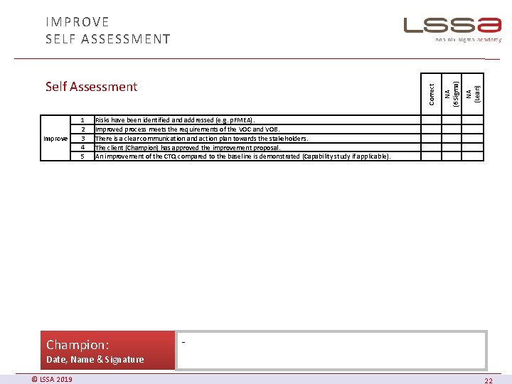 Improve 1 2 3 4 5 NA (Lean) Correct Self Assessment NA (6 Sigma)