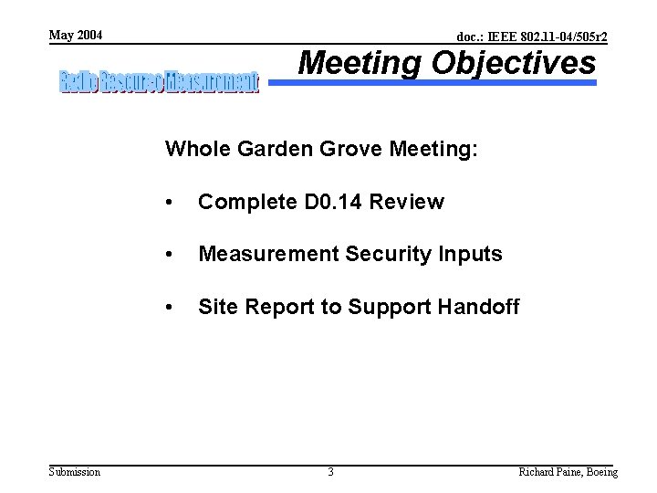 May 2004 doc. : IEEE 802. 11 -04/505 r 2 Meeting Objectives Whole Garden