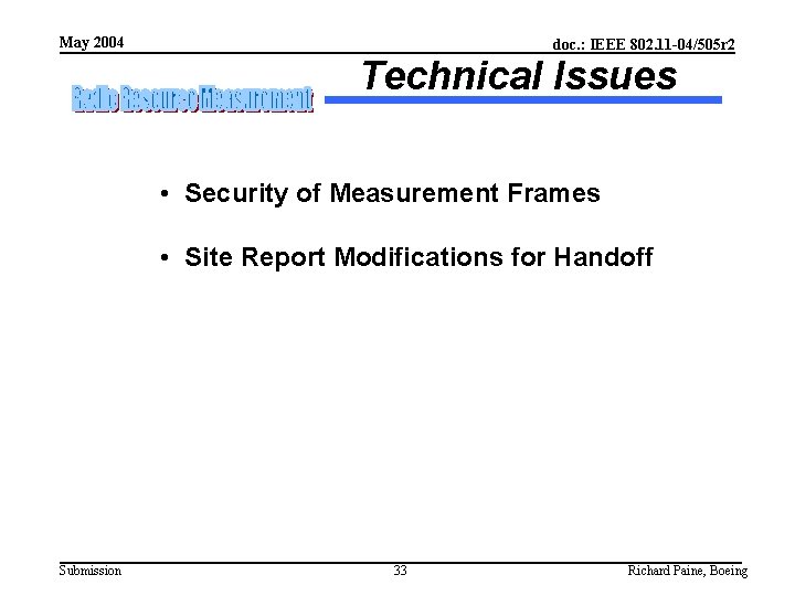 May 2004 doc. : IEEE 802. 11 -04/505 r 2 Technical Issues • Security