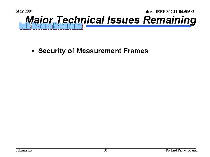 May 2004 doc. : IEEE 802. 11 -04/505 r 2 Major Technical Issues Remaining