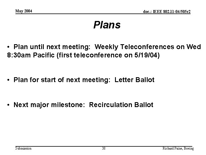 May 2004 doc. : IEEE 802. 11 -04/505 r 2 Plans • Plan until