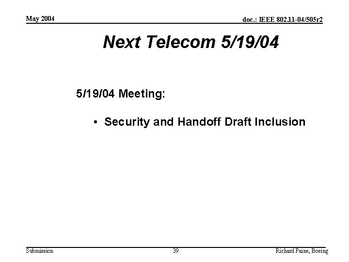 May 2004 doc. : IEEE 802. 11 -04/505 r 2 Next Telecom 5/19/04 Meeting: