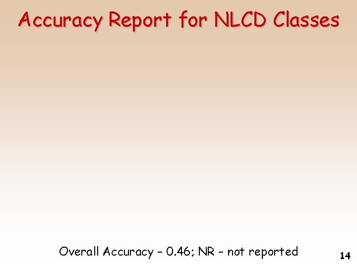 Accuracy Report for NLCD Classes Overall Accuracy – 0. 46; NR – not reported