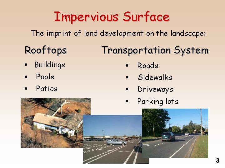 Impervious Surface The imprint of land development on the landscape: Rooftops Transportation System §