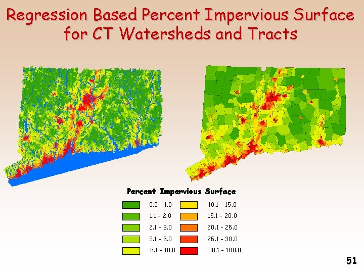Regression Based Percent Impervious Surface for CT Watersheds and Tracts Percent Impervious Surface 0.