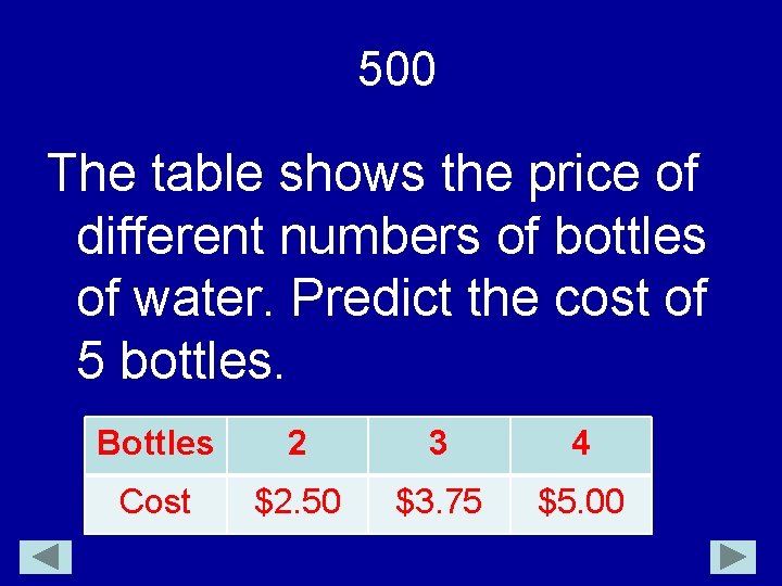 500 The table shows the price of different numbers of bottles of water. Predict