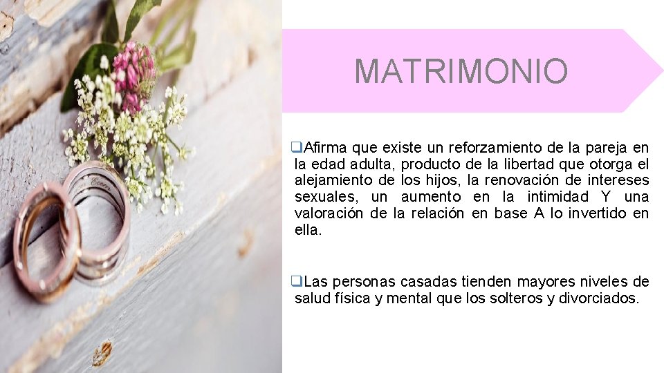 MATRIMONIO q. Afirma que existe un reforzamiento de la pareja en la edad adulta,