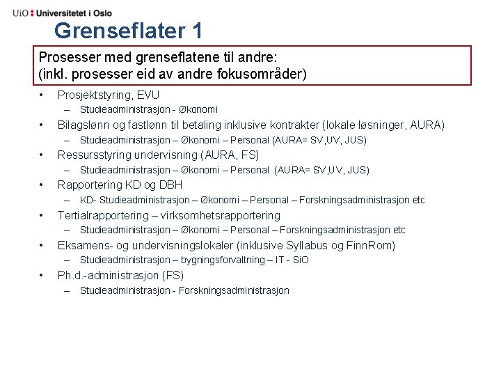 Grenseflater 1 Prosesser med grenseflatene til andre: (inkl. prosesser eid av andre fokusområder) •