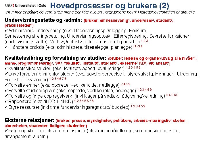 Hovedprosesser og brukere (2) Nummer er påført de verdistrømmene der ikke alle brukergruppene nevnt