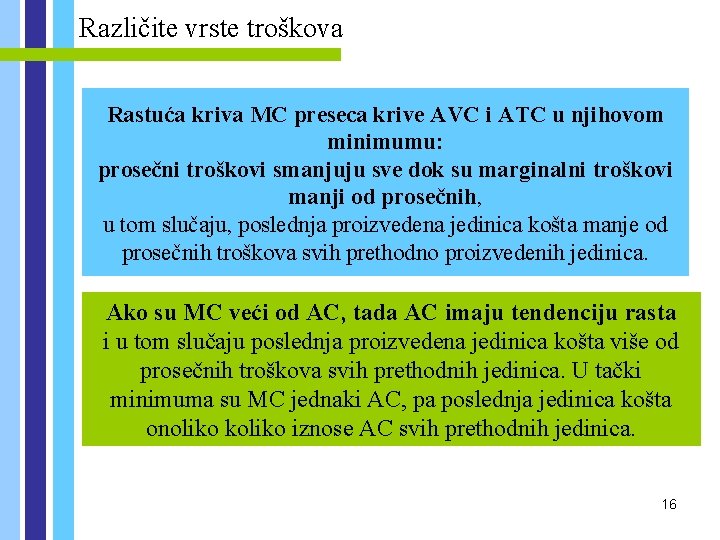 Različite vrste troškova Rastuća kriva MC preseca krive AVC i ATC u njihovom minimumu: