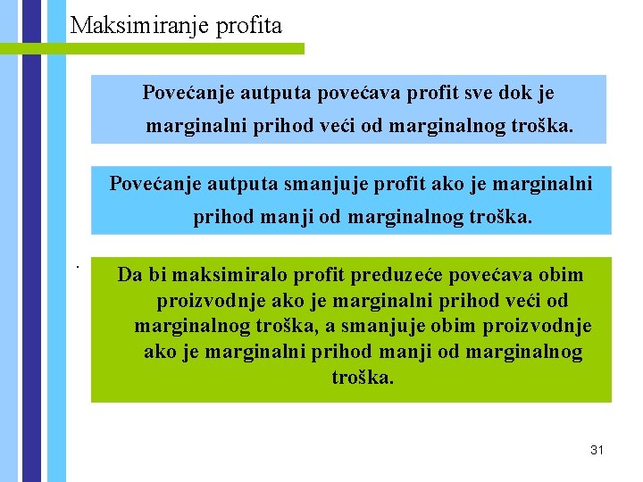 Maksimiranje profita Povećanje autputa povećava profit sve dok je marginalni prihod veći od marginalnog